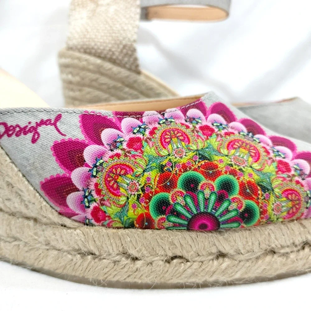 Desigual Espadrille Wedges; Floral Mandala Ankle Strap Platform Shoes